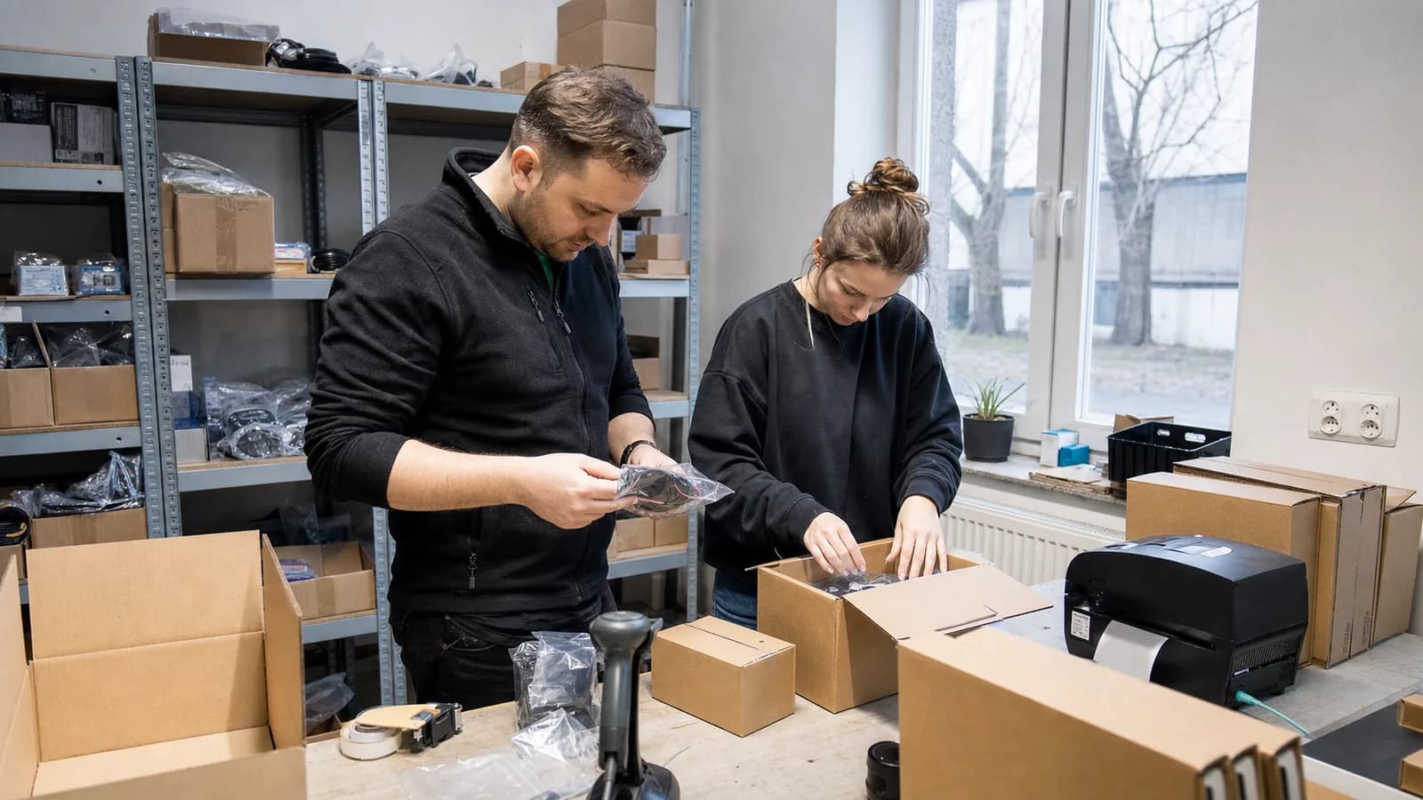 Electronics warehouse worker checking orders on a tablet between shelves